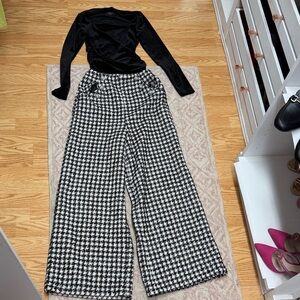VICI Black and White Houndstooth Women's Pants & Velvet Square Neck Long Sleeve